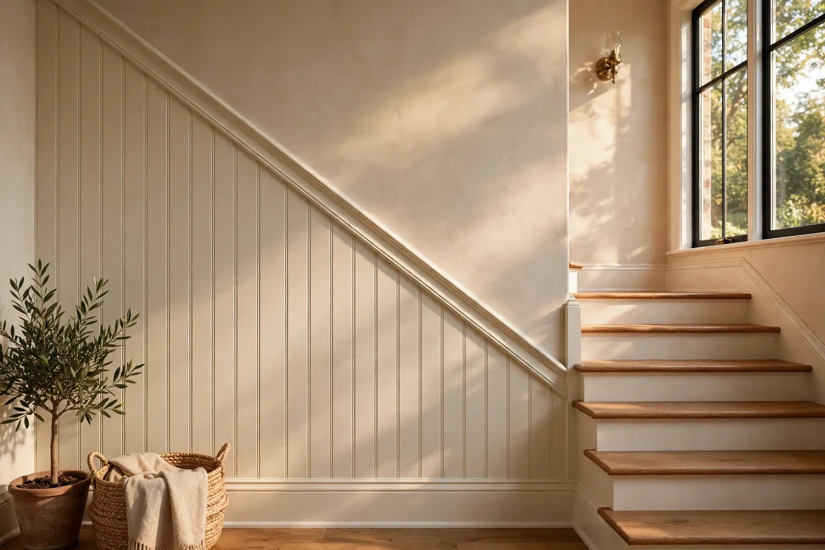 Staircase wall with cream beadboard following the stair angle and a chair rail