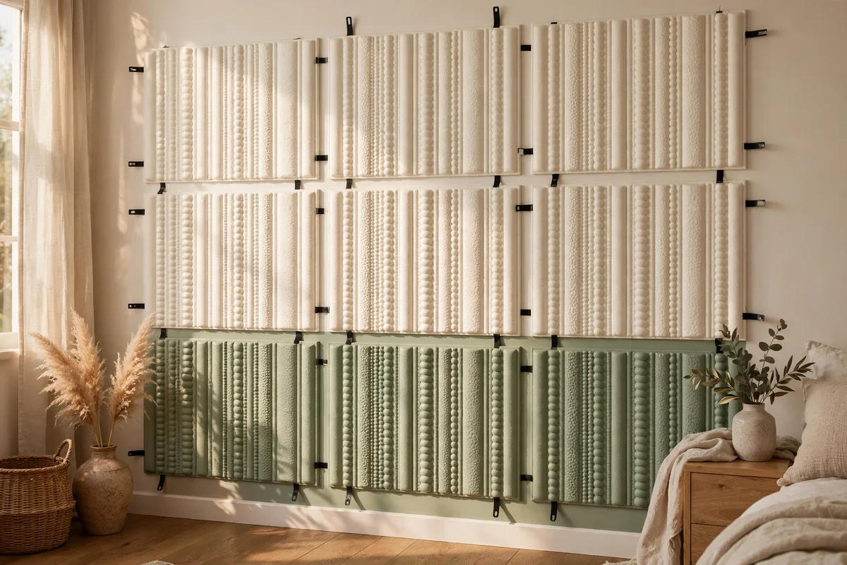 Foam beading panels on a bedroom wall with mounting strips, half-painted sage