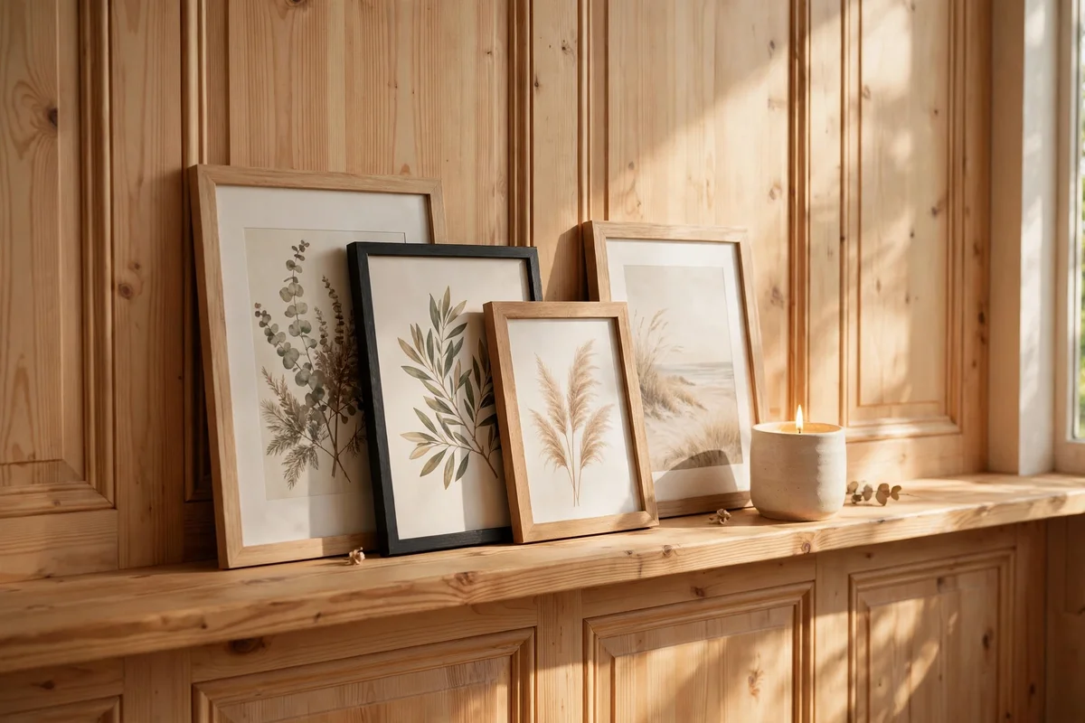 Panelled wall with pine picture ledge holding layered prints and a candle