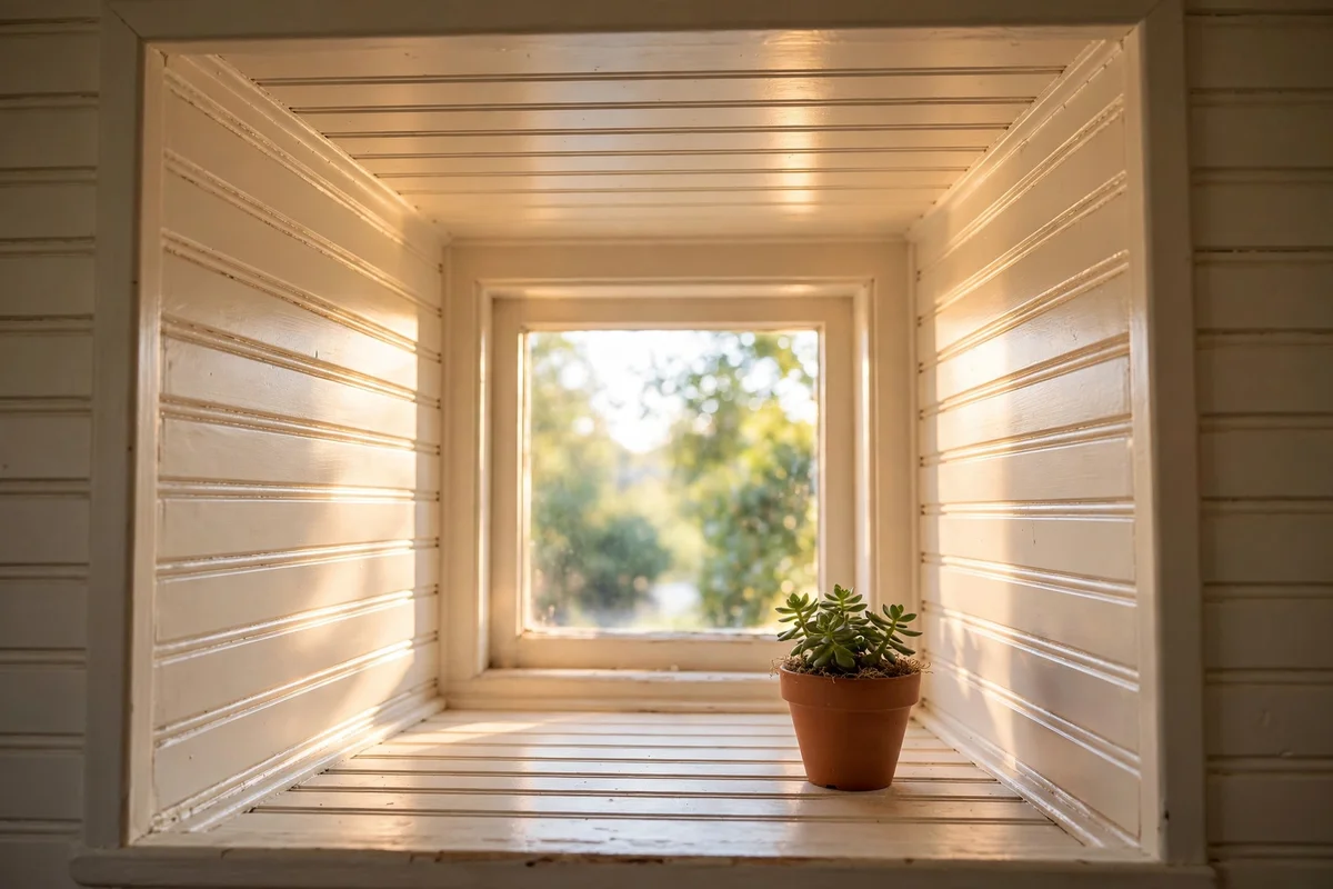Deep window recess lined with cream tongue-and-groove boards in daylight