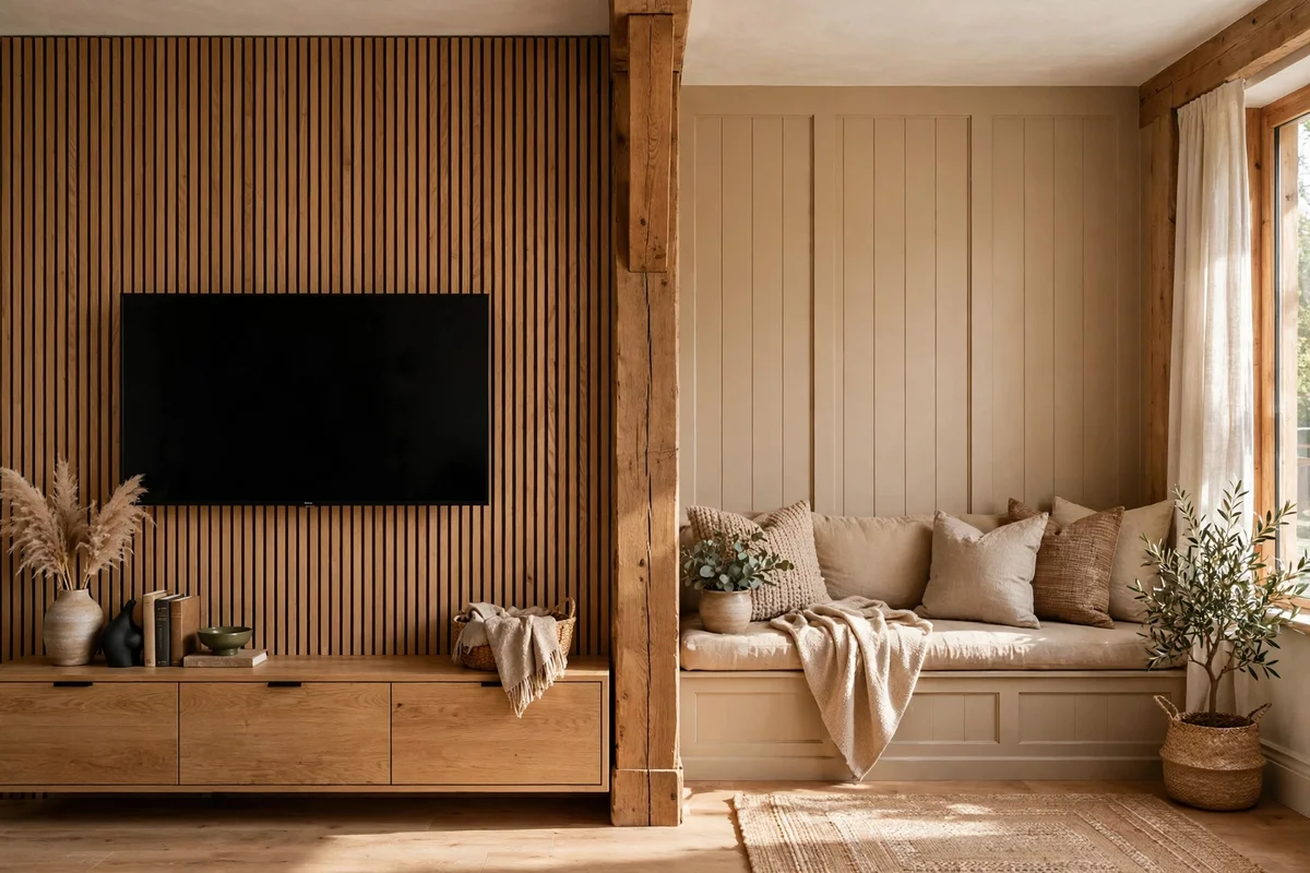 Living room wall with oak slat TV zone and greige board and batten zone
