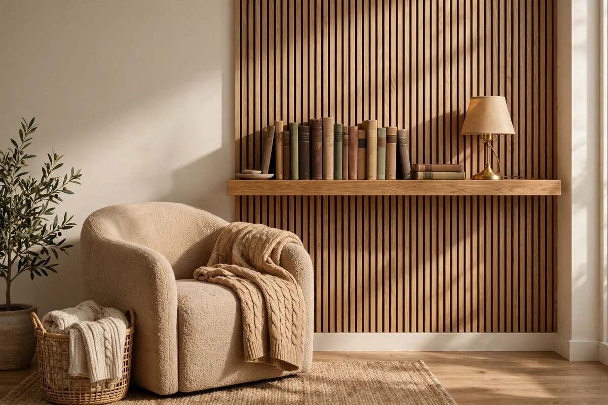 Reading corner with slat panel and floating oak shelf with books and lamp
