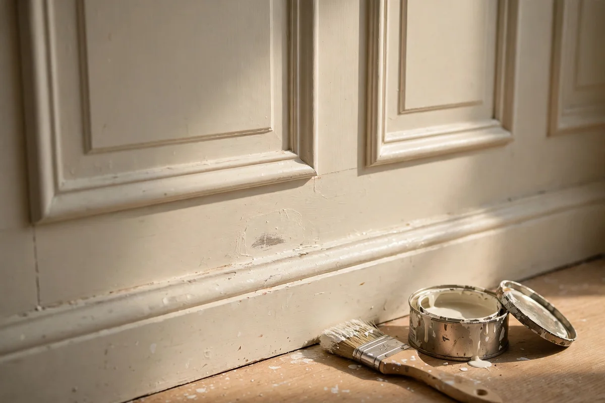 Painted panelled wall with artist's brush and paint tin, fresh touch-up on a scuff