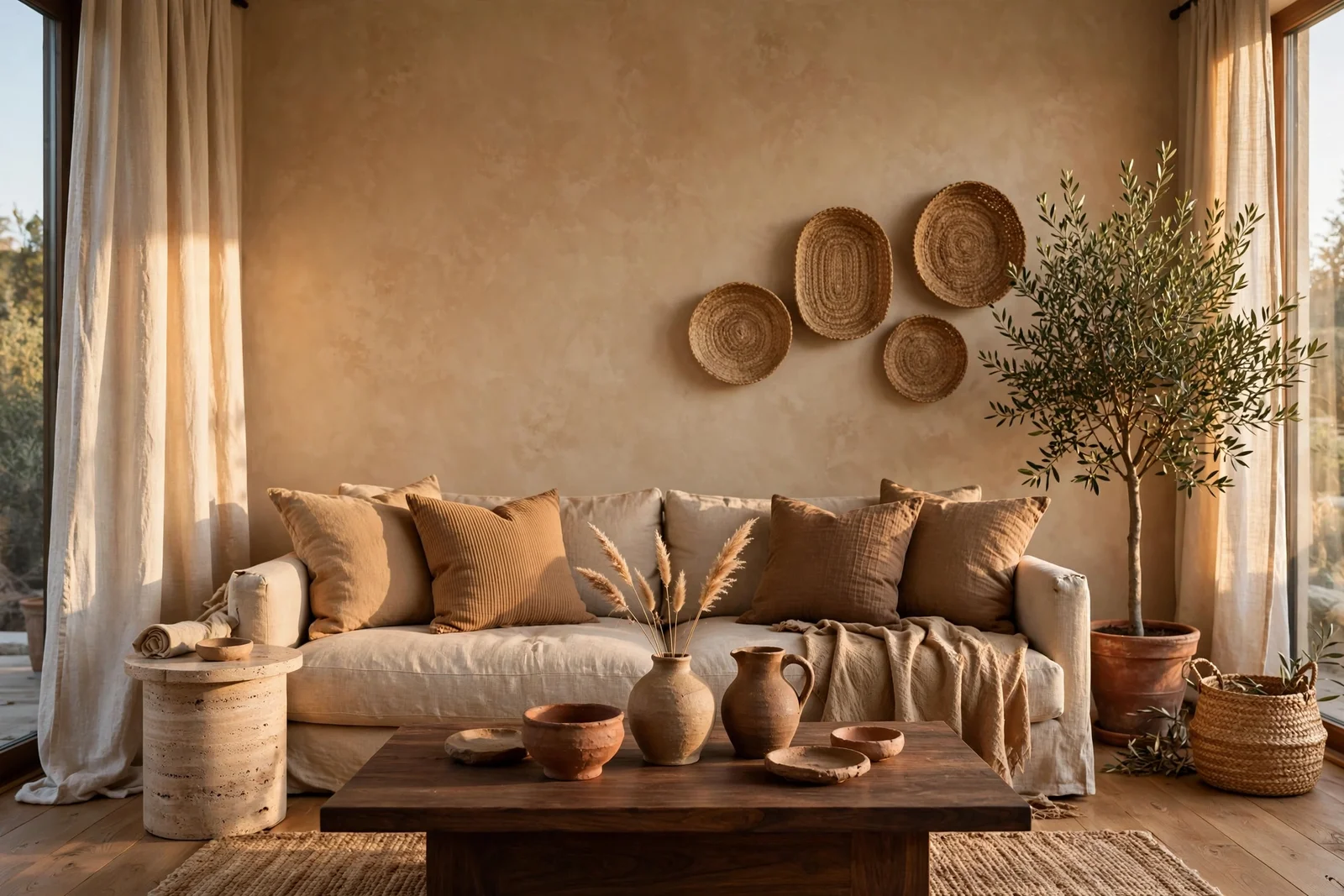 Earth tone living room with clay walls, sand sofa, walnut coffee table and olive tree in warm daylight