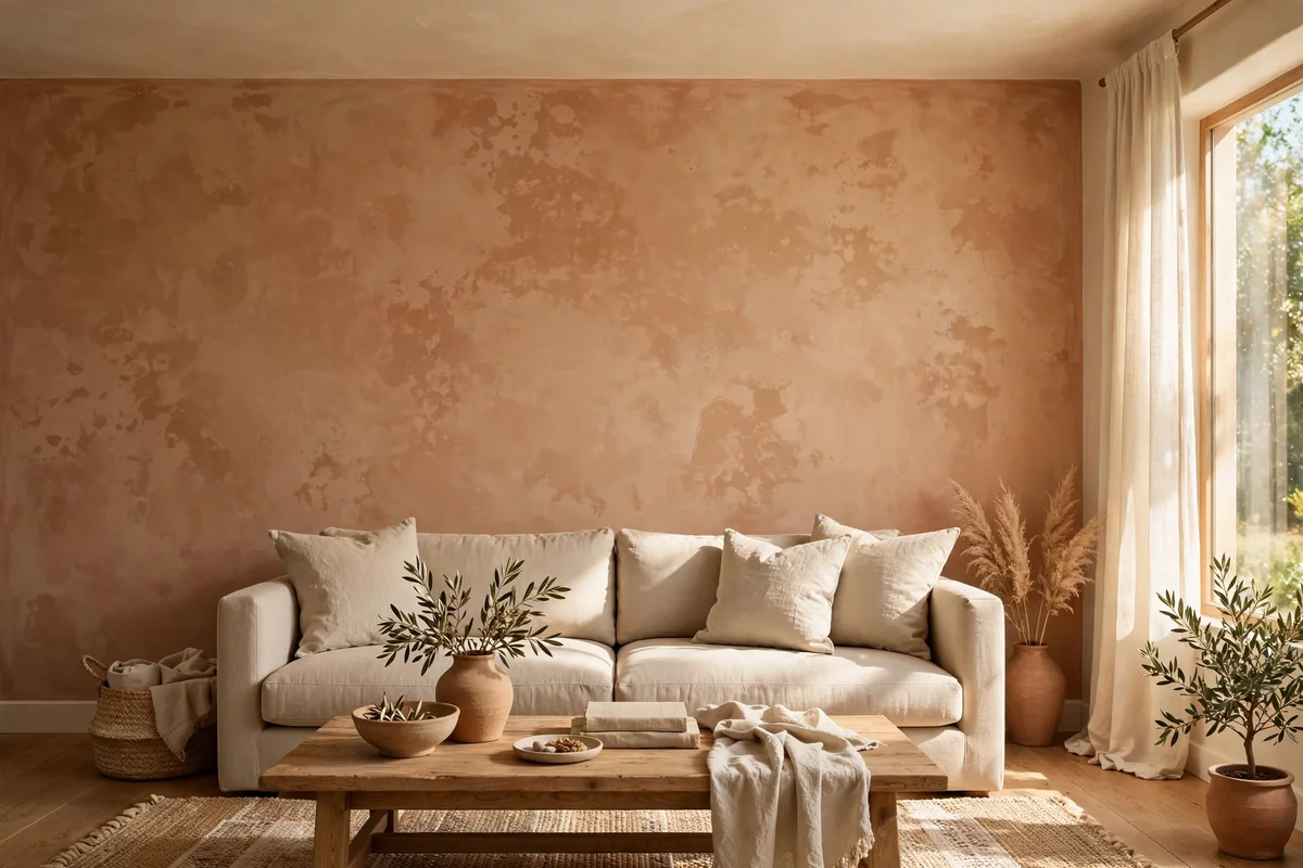 Clay limewash living room wall in warm terracotta tone