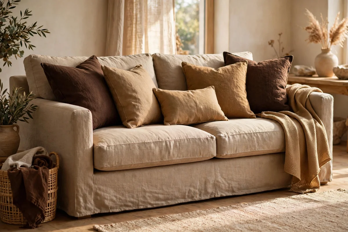 Sand sofa layered with camel and umber cushions