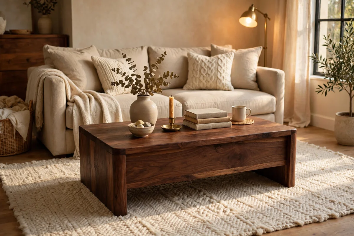 Dark walnut coffee table anchoring earth tone seating area