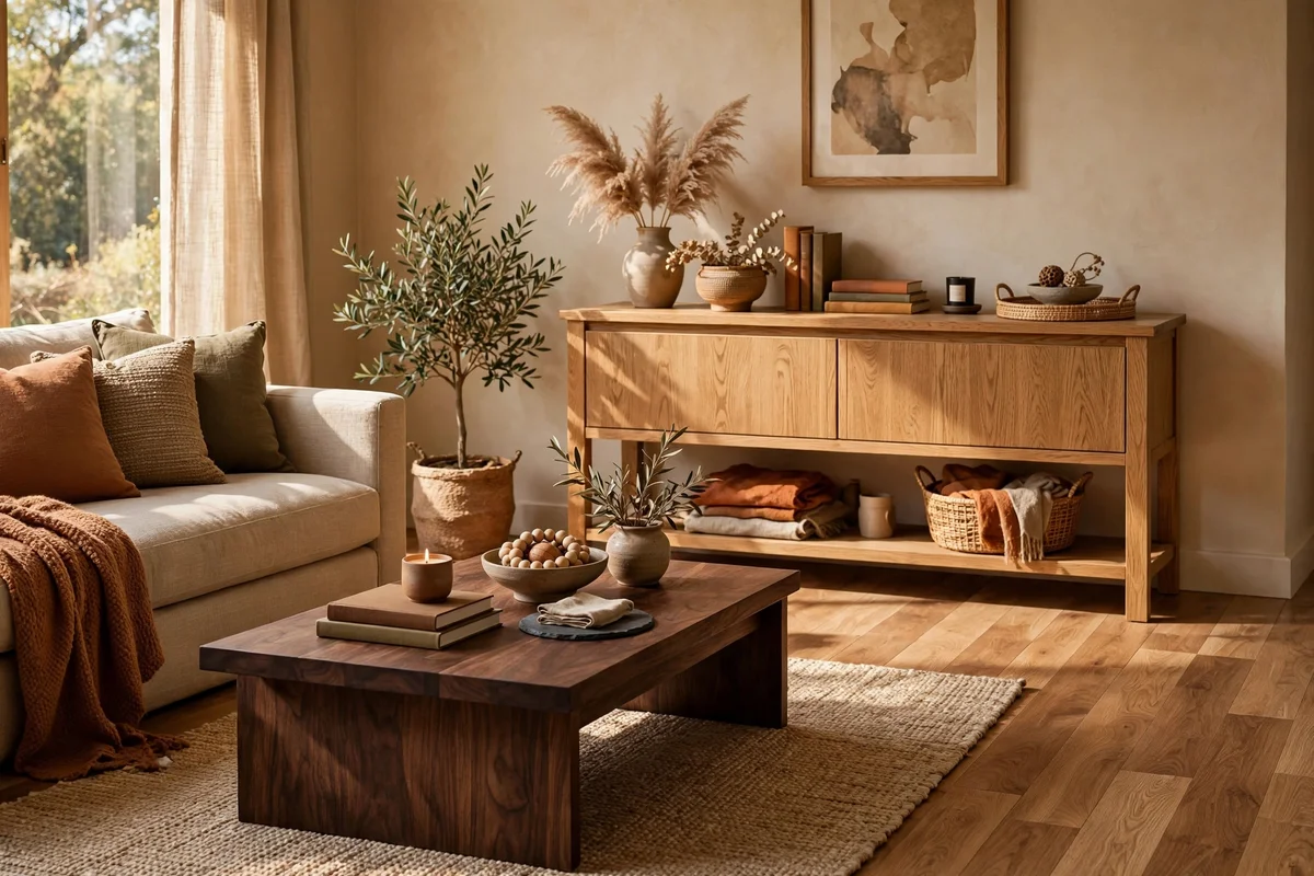 Living room mixing mid-tone oak and dark walnut wood