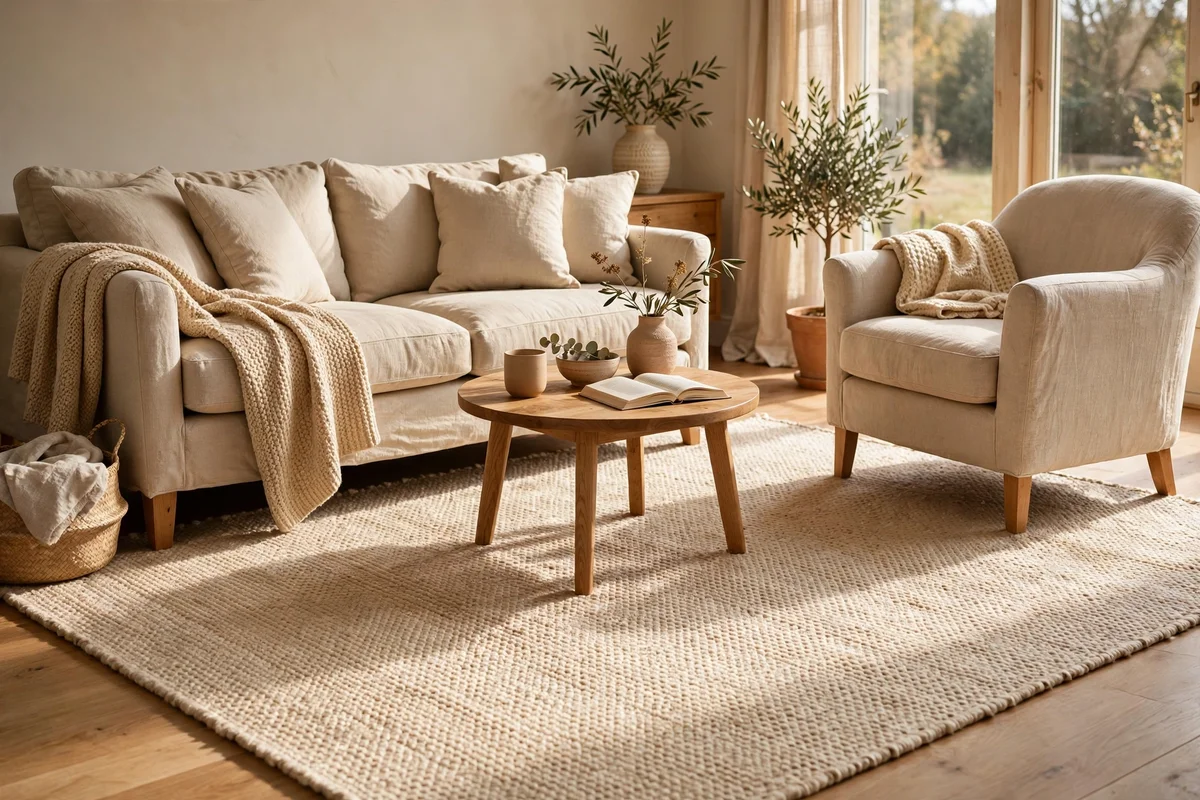 Warm cream flatweave wool rug under a sand sofa