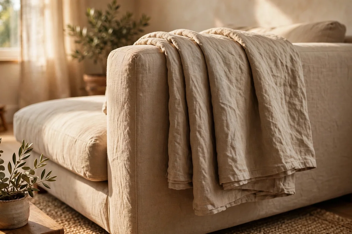 Raw linen throw draped over a sand sofa arm