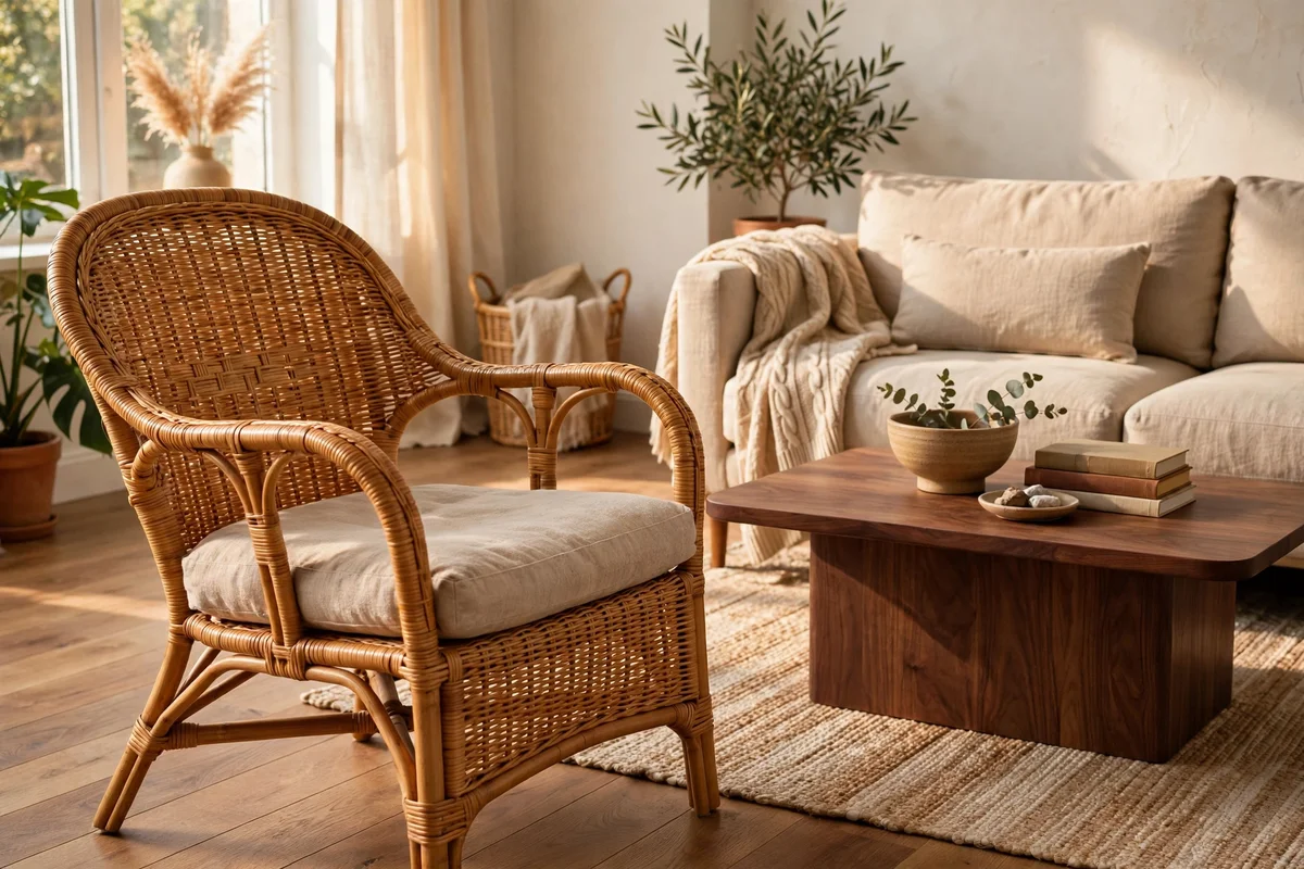 Rattan armchair with sand cushion in earth tone room