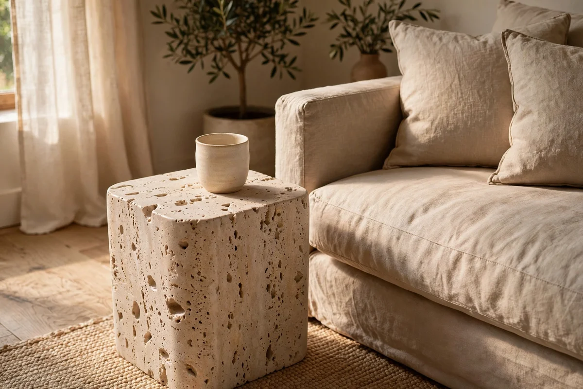 Travertine side table beside a sand linen sofa