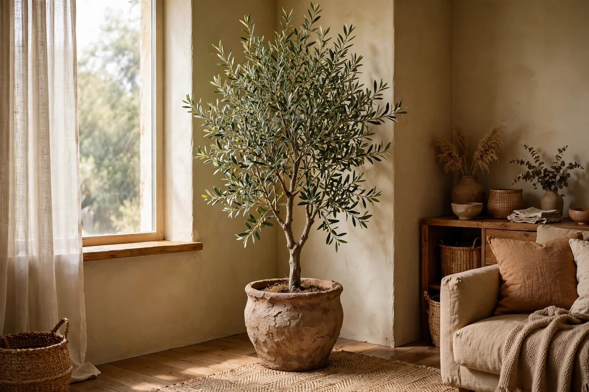 Tall olive tree in clay pot in earth tone living room