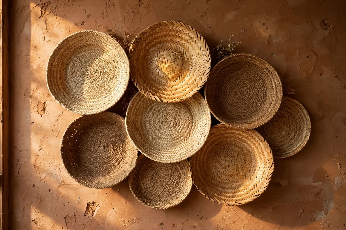 Woven seagrass baskets hung as wall art