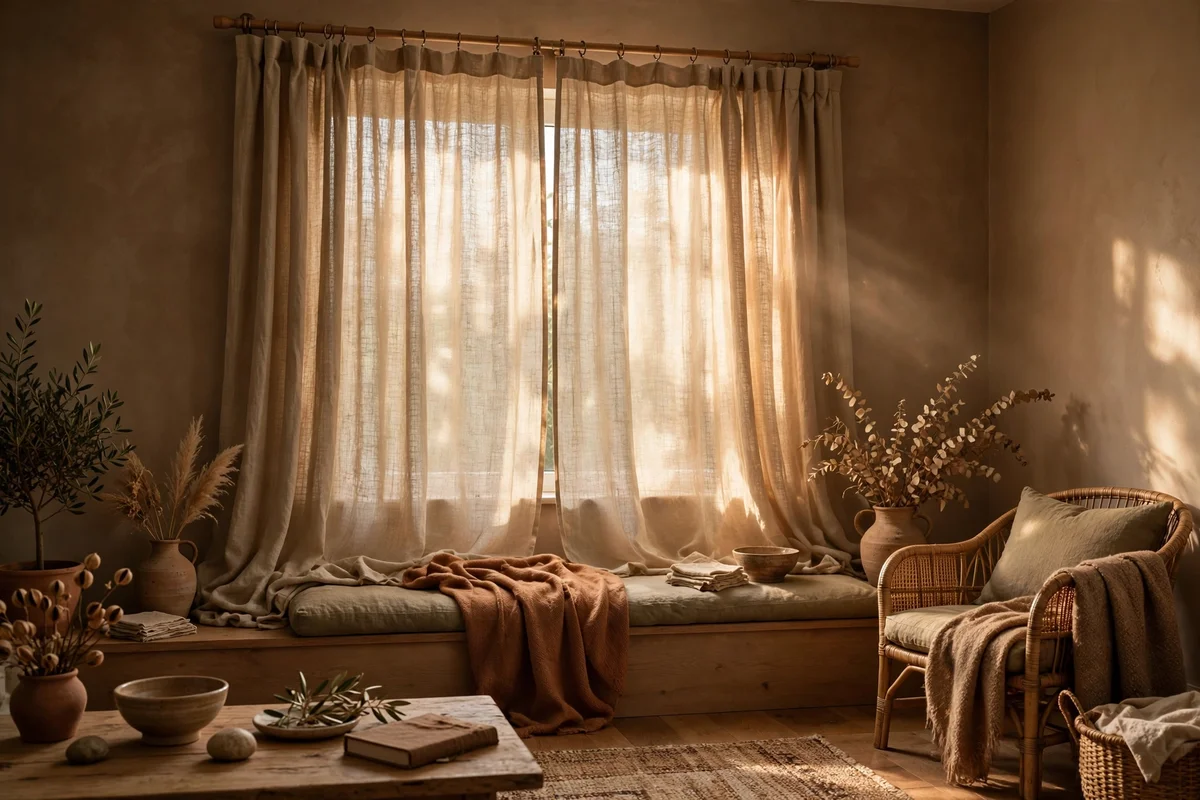 Unbleached linen curtains filtering warm daylight