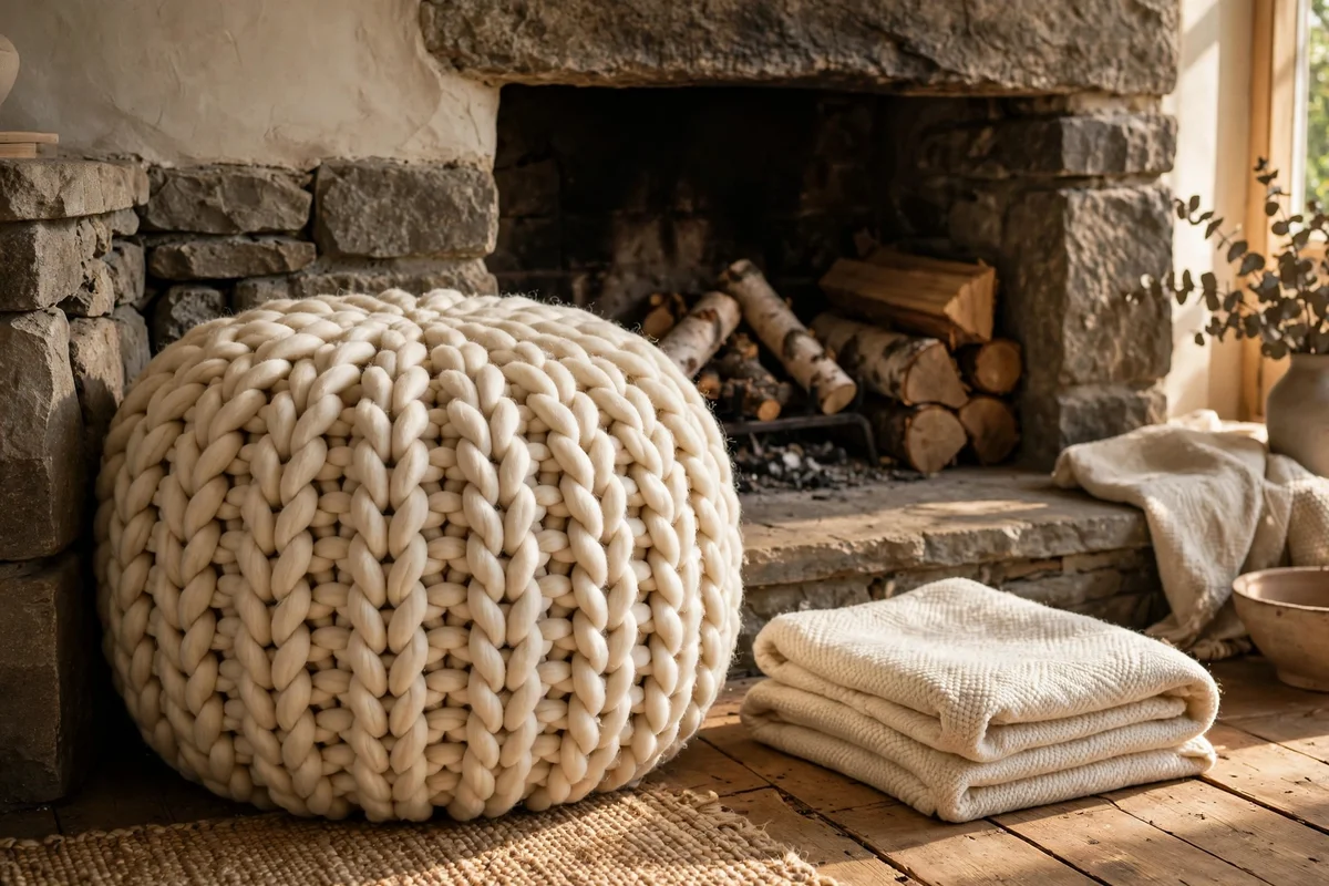 Knitted wool pouf beside fireplace in warm living room