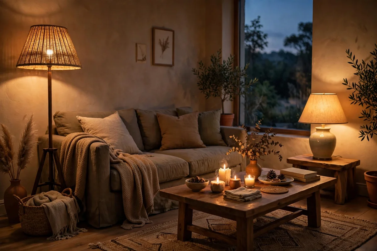 Living room lamps glowing warm 2700K light at dusk
