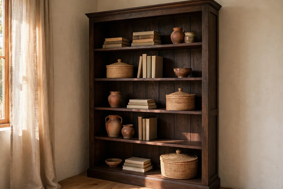 Dark wood bookcase styled with baskets and ceramics
