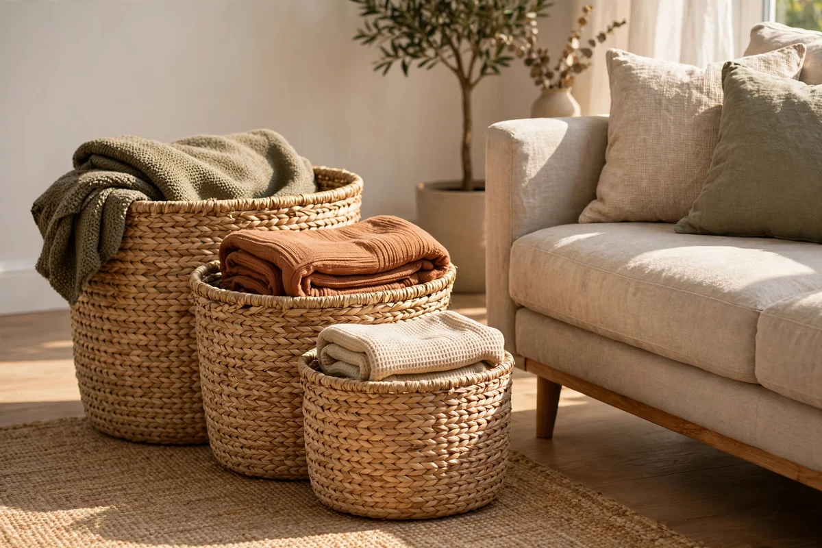 Three nested woven baskets holding throws by the sofa