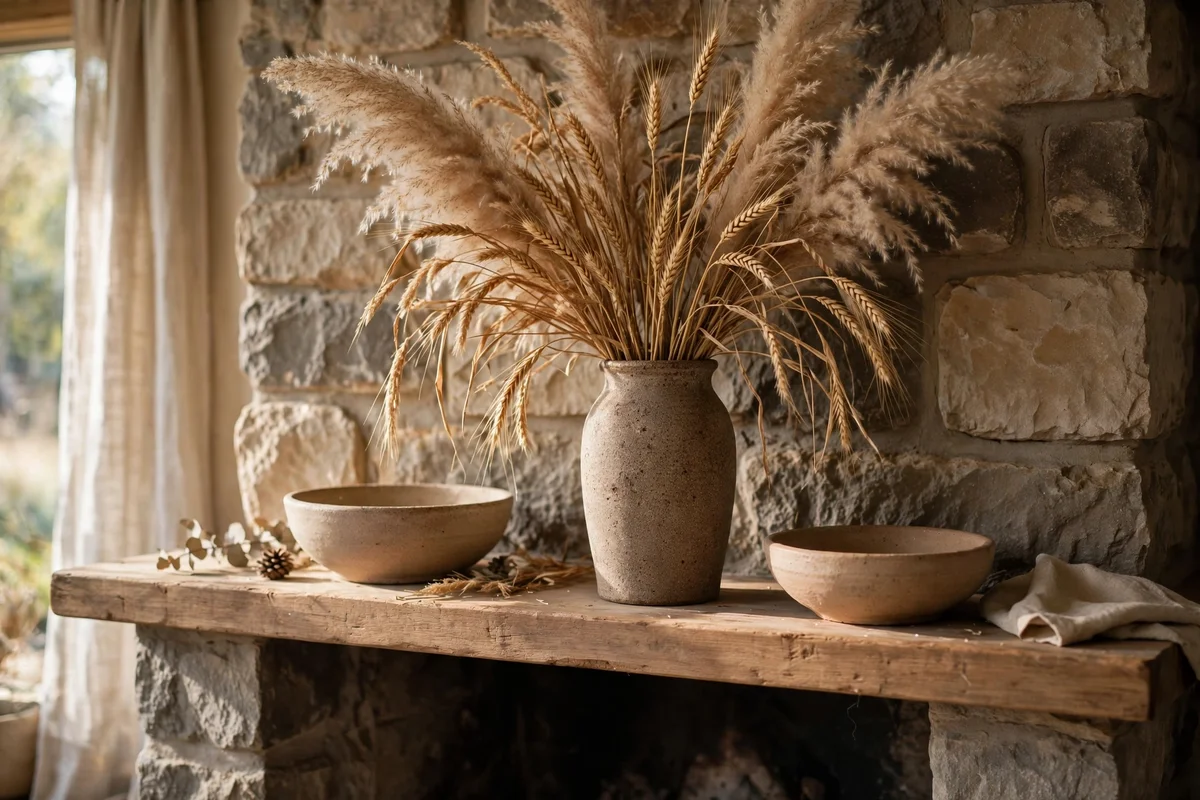 Mantel dressed with dried grasses and stoneware vases