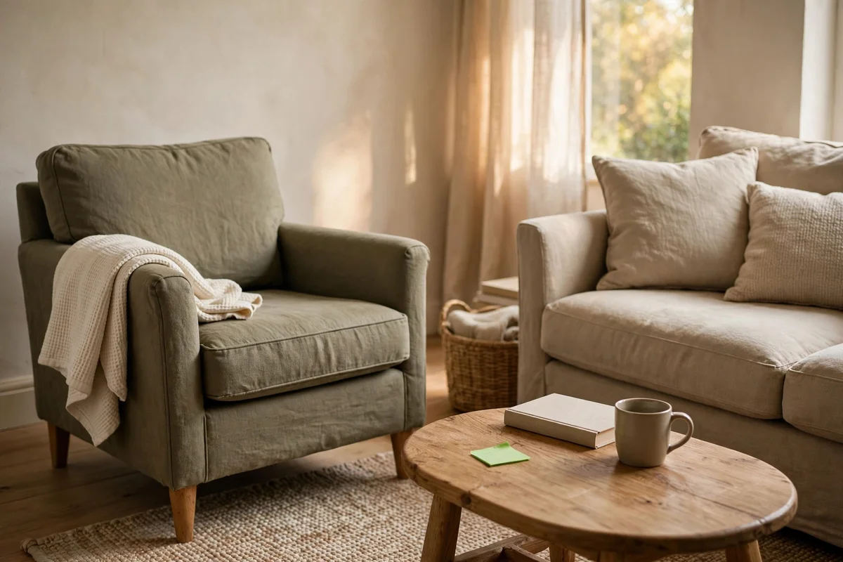 Muted olive armchair in earth tone reading corner