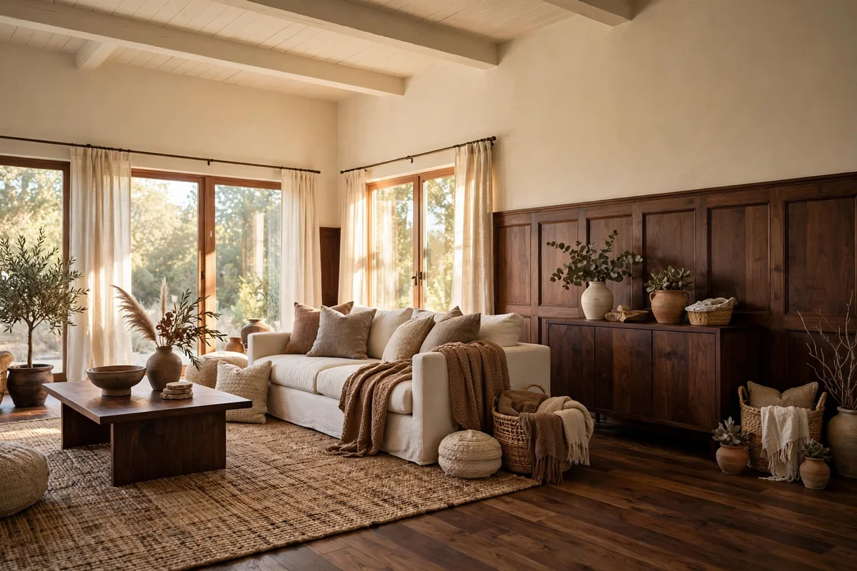Earth tone living room with dark tones low, light high