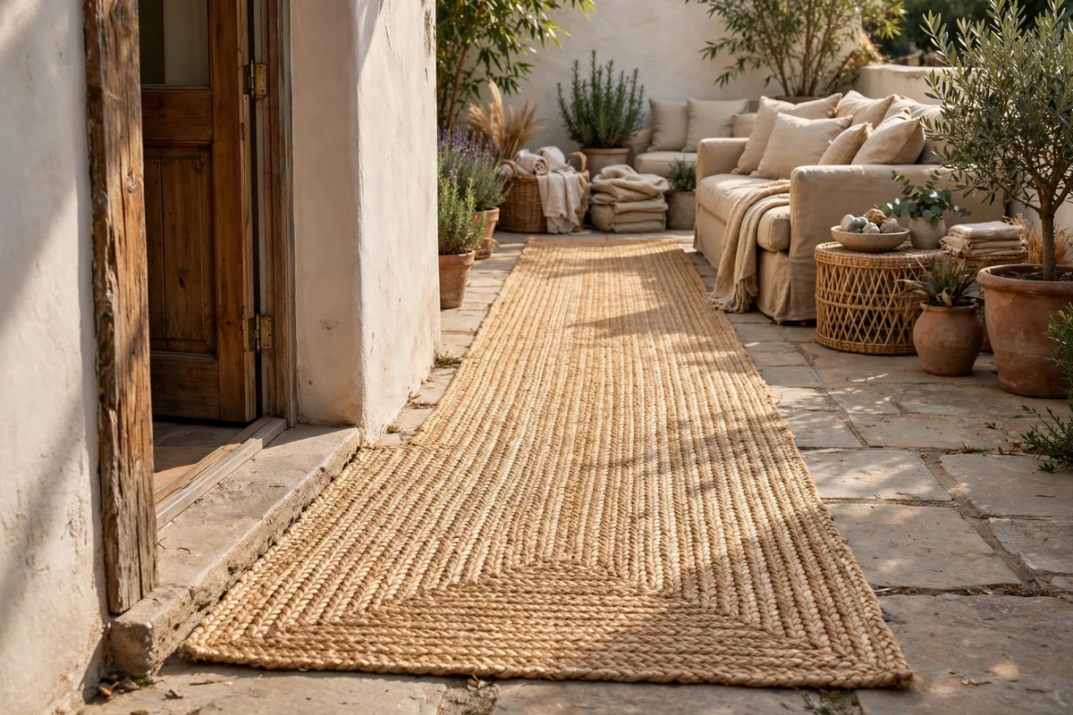 Jute runner leading from doorway to seating area