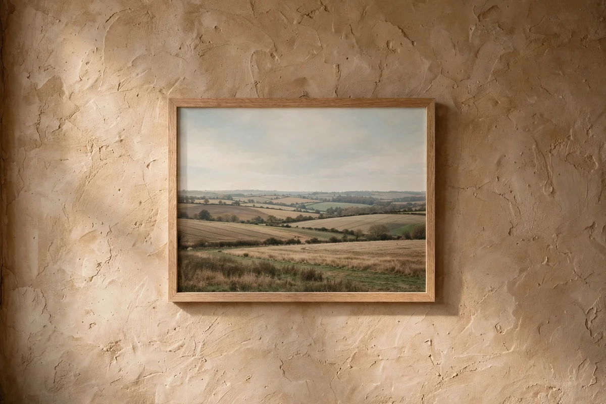 Landscape print in raw oak frame on clay wall