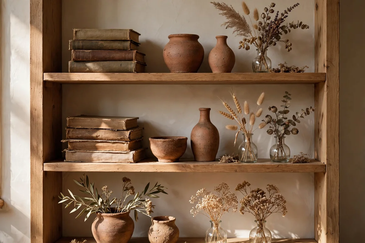 Open shelves styled with pottery, books and botanicals