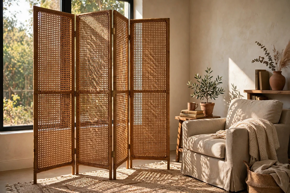 Woven cane screen dividing a reading corner