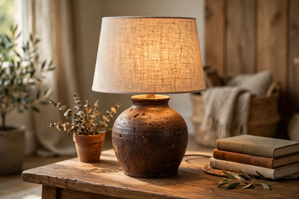 Handmade umber ceramic lamp base with linen shade