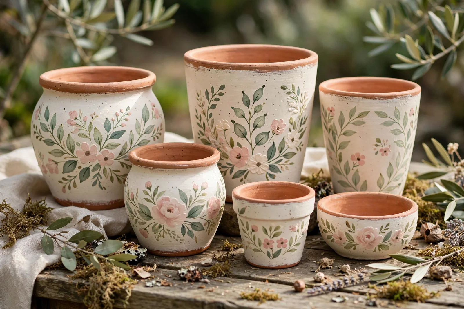 Hand-painted earthen pots with rustic floral designs