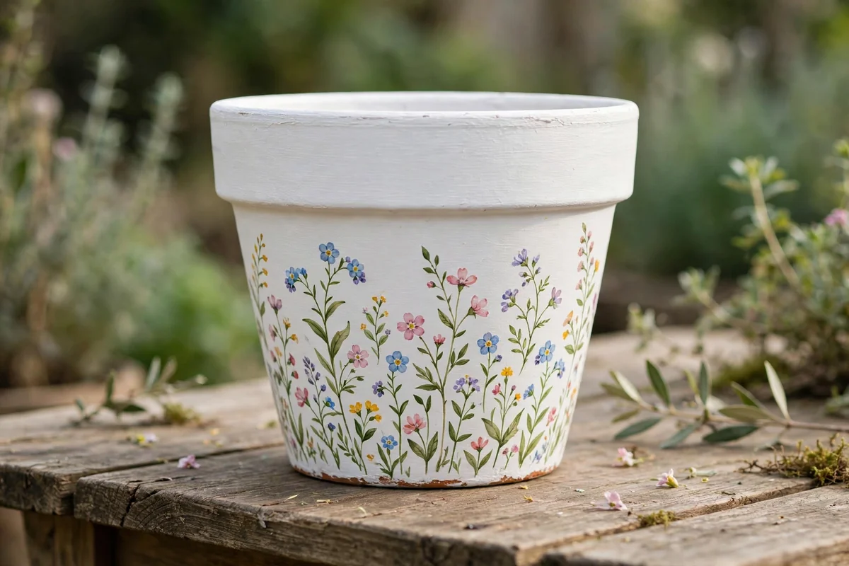 White painted terracotta pot with wildflowers