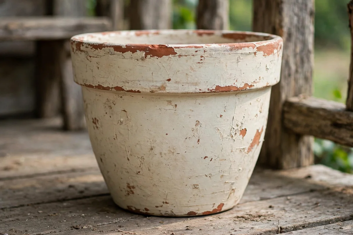 Distressed vintage painted terracotta pot