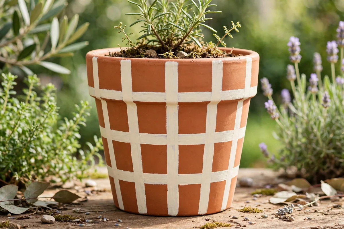 Terracotta pot with cream painted stripes