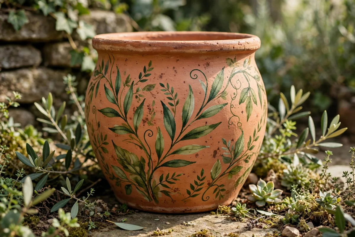 Terracotta pot with hand-painted botanical leaves