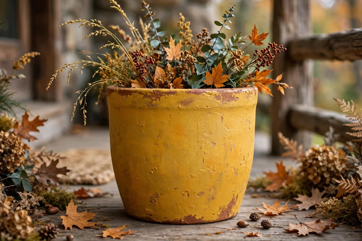 Mustard yellow painted terracotta pot