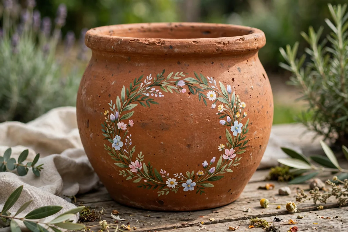 Terracotta pot with painted floral wreath