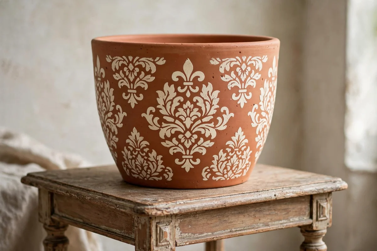 Stenciled pattern on painted terracotta pot