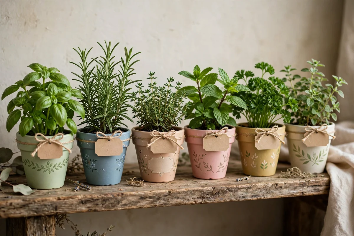 Terracotta pots painted with herb labels