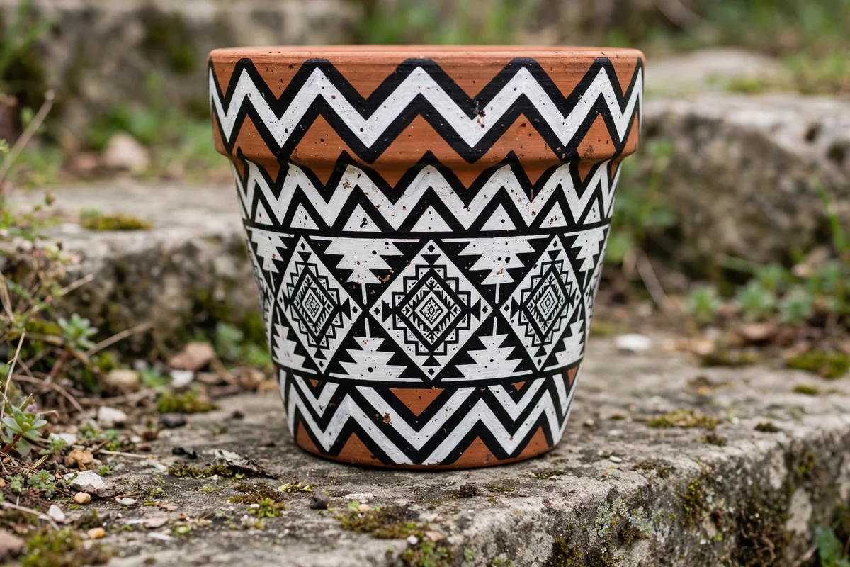 Terracotta pot with geometric tribal pattern