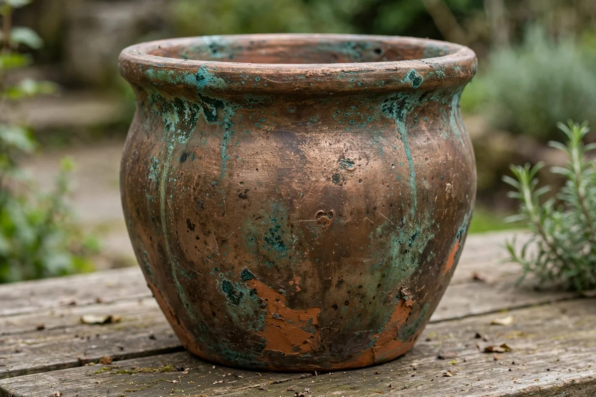 Terracotta pot with aged copper patina paint