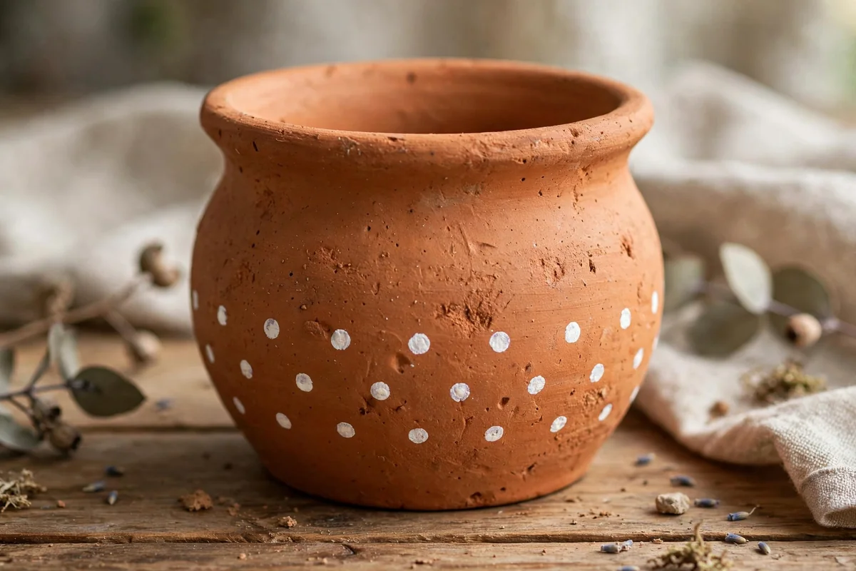 Terracotta pot with simple painted dots
