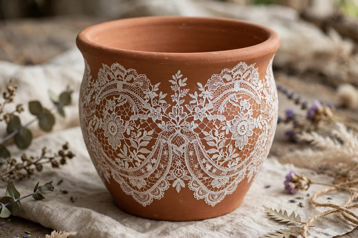 Terracotta pot with lace stencil pattern
