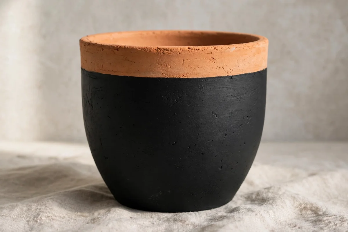 Black painted terracotta pot with natural rim