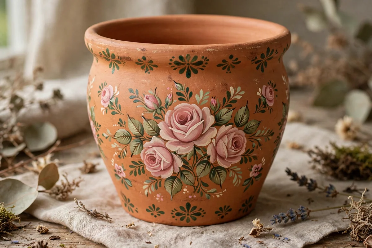 Terracotta pot with vintage painted roses