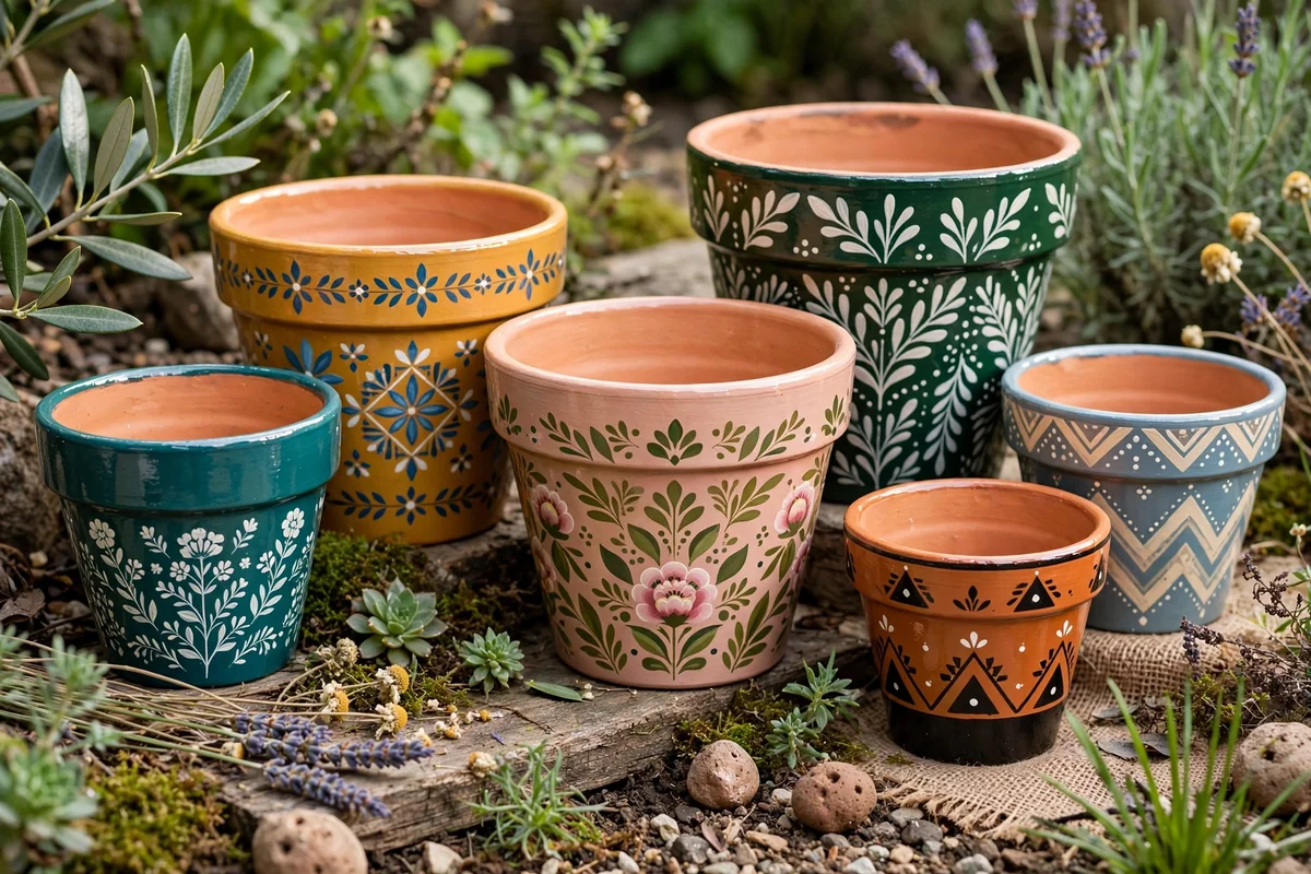 Sealed painted terracotta pots outdoors