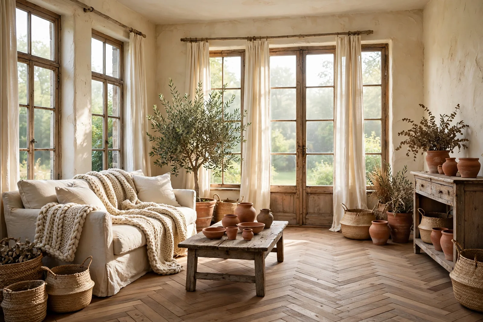 Cozy earthy cottage living room with warm wood furniture, linen textiles and natural decor