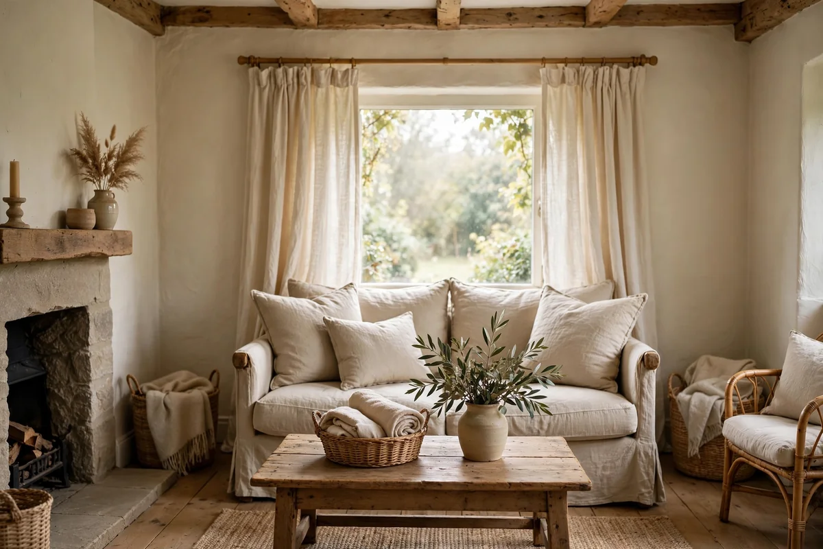 Warm ivory linen curtains and oatmeal cushions in a cozy cottage living room