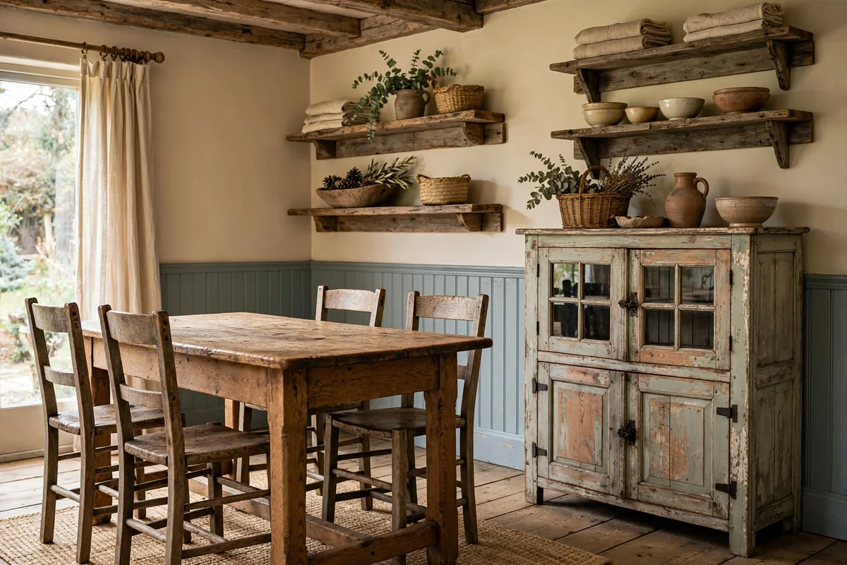 Weathered oak table and distressed pine cabinet in an earthy cottage dining room